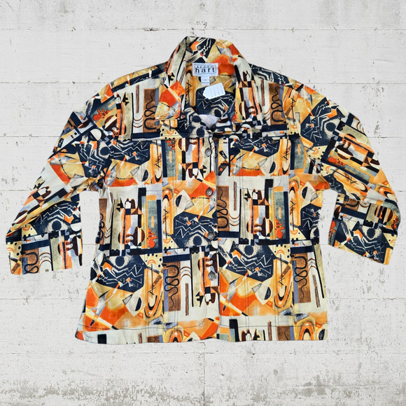 90s Vintage Retro Orange Geometric Twill Button Down Wearable Art Jacket Size XL - Picture 1 of 7